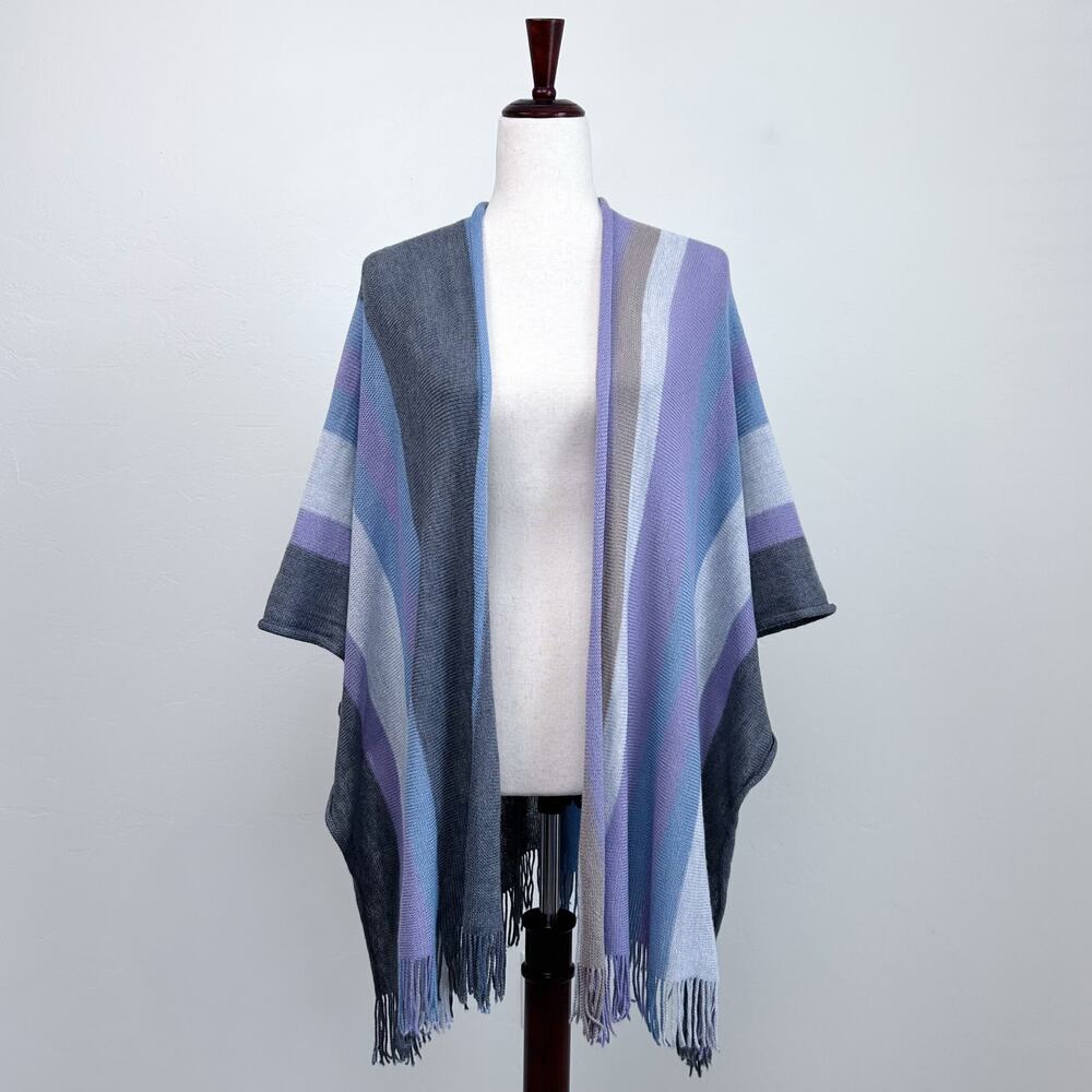 Fraas Lavender Blue Striped Knit Fringe Lightweight Scarf Open Shawl Poncho